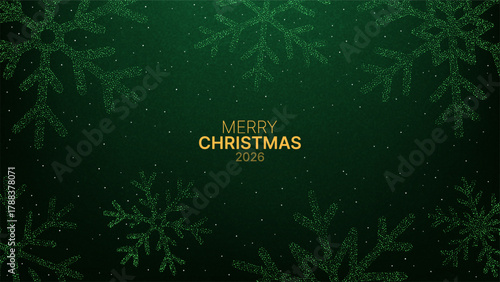 Merry Christmas 2026 festive background with glitter snowflake pattern. Winter holiday season greeting card design.