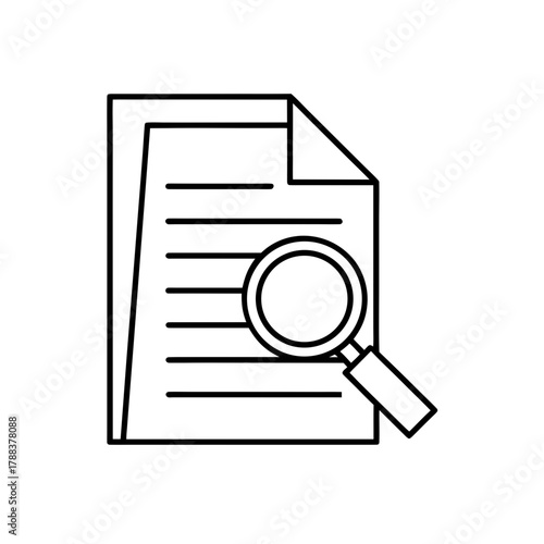 Document with lines and a magnifying glass outline on transparent background silhouette