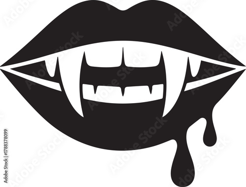 Dripping vampire bite — lips with fangs and drop of blood, dark Halloween temptation. Vector Black silhouettes. with white background