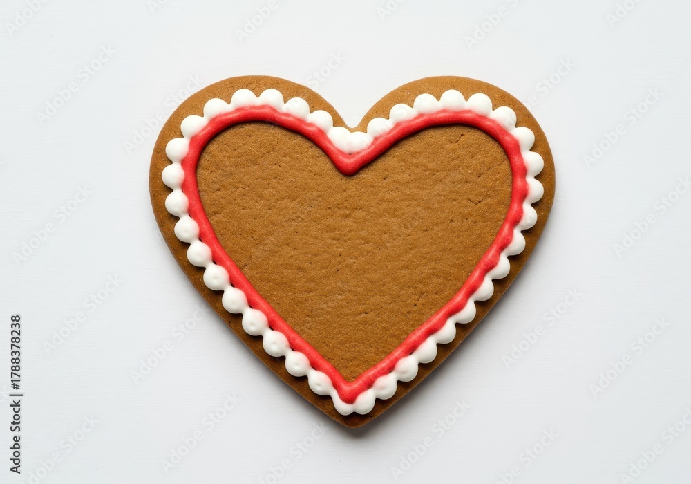 Obraz premium Traditional gingerbread heart cookie, decorated with red and white icing, isolated on a clean white background. Perfect for holidays, frosting, blank, gift