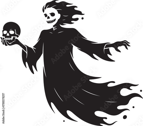 Headless ghostly figure holding skull in hand, flowing halloween spirit with torn dres. Vector Black silhouettes. with white background