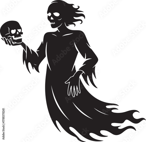 Headless ghostly figure holding skull in hand, flowing halloween spirit with torn dres. Vector Black silhouettes. with white background