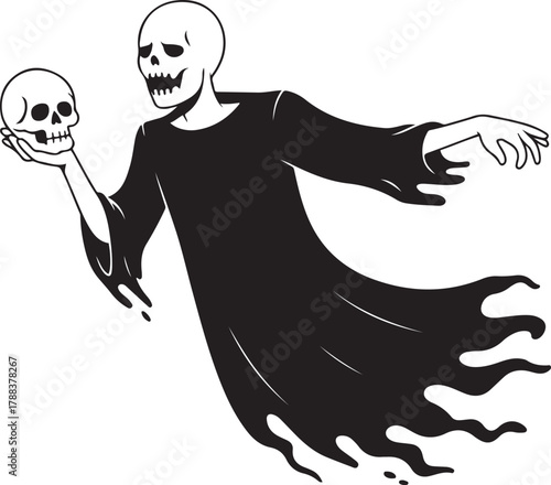 Headless ghostly figure holding skull in hand, flowing halloween spirit with torn dres. Vector Black silhouettes. with white background