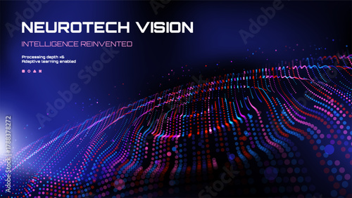 Abstract waving digital dots forming a data stream on a blue background. Modern neurotech vision concept for artificial intelligence. Dynamic digital wave.