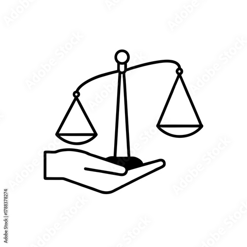 Hand holding a balance scale outline illustration on transparent background silhouette