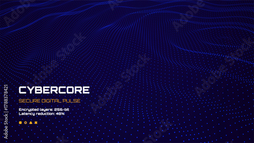 Abstract blue digital wave background with text overlay CYBERCORE and SECURE DIGITAL PULSE. Modern data visualization for technology concept.