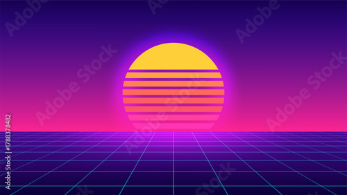 Sun on synthwave grid in retro futuristic style. Gradient abstract vaporwave background with cyber pattern. Outrun and retrowave aesthetic for wallpaper.