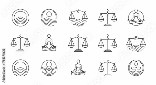 Minimal outline balance icons featuring scales, justice symbols, circular emblems, and clean geometric forms for law and business themes