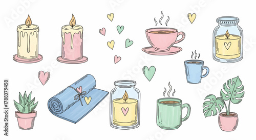 Colorful hand-drawn cozy home essentials including candles, books, mugs, plants, and decorative accessories for lifestyle and relaxation themes