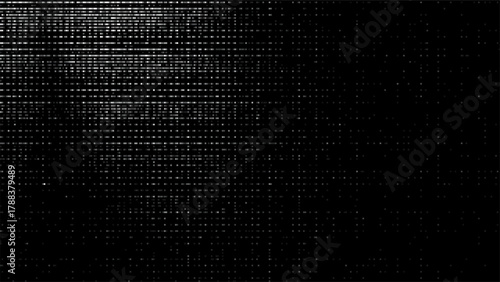 Abstract digital glitch pixel pattern on dark background with horizontal lines. Futuristic technology concept for data error or video signal interference.