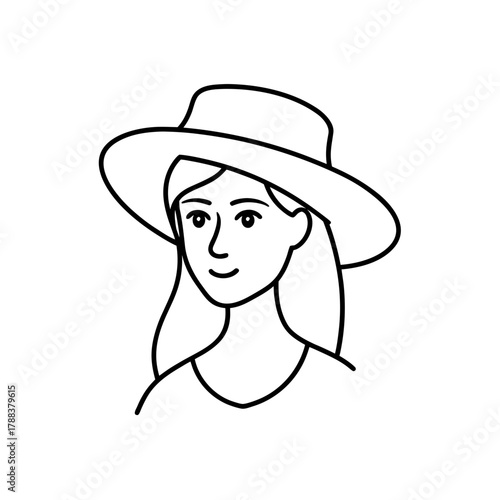 Outline drawing of a woman wearing a wide brim hat on transparent background silhouette