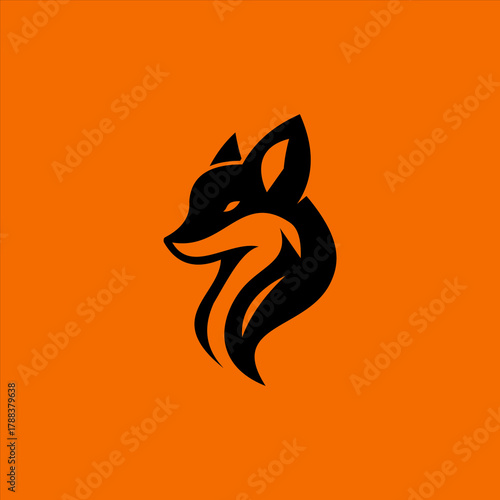 Black Fox Head Vector Logo, Elegant Curve on Vibrant Orange Background.