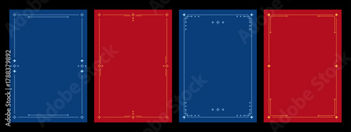 Four christmas vector decorative border pattern on red and blue background for greeting card, invitation, flyer, poster or certificate design.