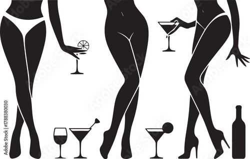 Collection of female legs and hands with martini, wine glasses and bottle — pin-up party symbol, flirt gesture, elegance. Vector Black silhouettes. with white background