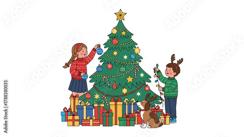 Festive Decoration: Two children excitedly adorn a Christmas tree with ornaments and lights, surrounded by presents, spreading holiday cheer and creating a warm, inviting atmosphere. 