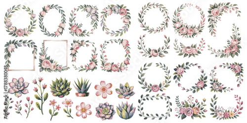 Create stunning floral designs with this beautiful set of watercolor wreaths, borders, and succulent elements