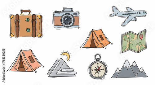 Travel and adventure doodle icons showing luggage, camera, tents, mountains, compass, and airplane for tourism and outdoor journeys