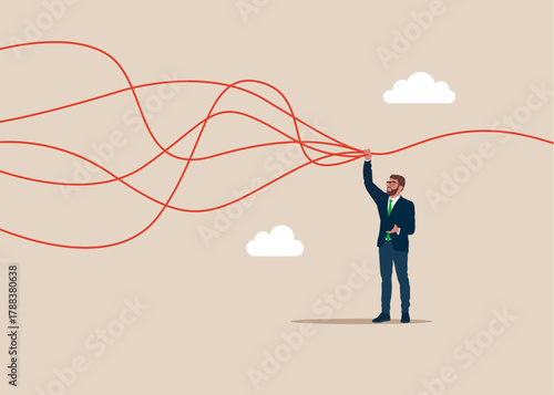 Businessman straightens the untied thread line. Simplification, problem solving. Flat vector illustration