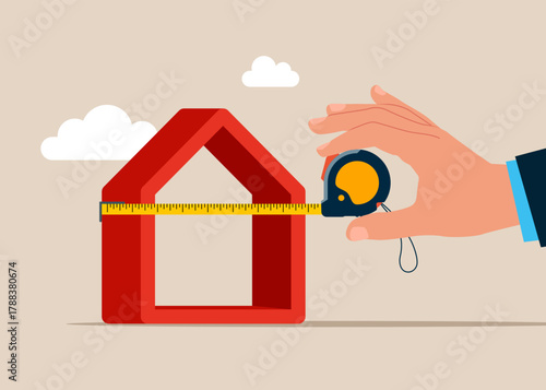 Hand measures and evaluates a house. Designing a building. Property valuation. Apartment purchase sale. Investment, construction,  mortgage. Vector flat illustration