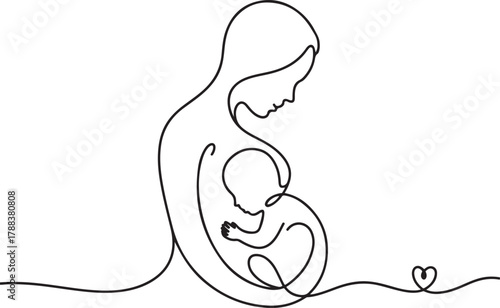 Single-Line Drawing of Unborn Baby in Womb with Heart Shape. Mother-Child Bond, Pregnancy, Prenatal Care. Vector Black silhouettes. with white background