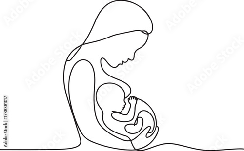 Single-Line Drawing of Unborn Baby in Womb with Heart Shape. Mother-Child Bond, Pregnancy, Prenatal Care. Vector Black silhouettes. with white background