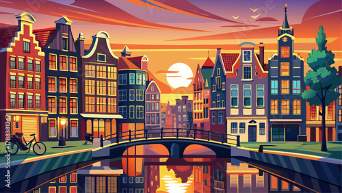 Very beautiful Amsterdam sunset city skyline at the canal waterfront in the Netherlands, featuring glowing warm sky colors, classic canal houses, calm water reflections, and a realistic charming Europ