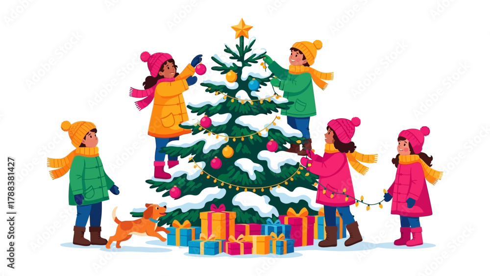Naklejka premium Joyful Christmas Spirit: Children and their canine companion share the magical joy of decorating a Christmas tree with ornaments, surrounded by vibrant gift boxes.