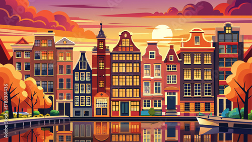 Very beautiful Amsterdam sunset city skyline at the canal waterfront in the Netherlands, featuring glowing warm sky colors, classic canal houses, calm water reflections, and a realistic charming Europ