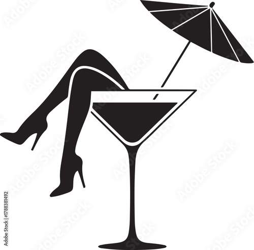 Sexy female long legs in high heels inside martini cocktail glass with umbrella. Vector Black silhouettes. with white background