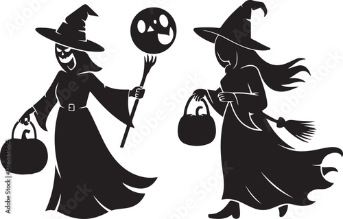Halloween Pumpkin Witch — spooky jack o’lantern sorceress in hooded cloak with basket. Vector Black silhouettes. with white background