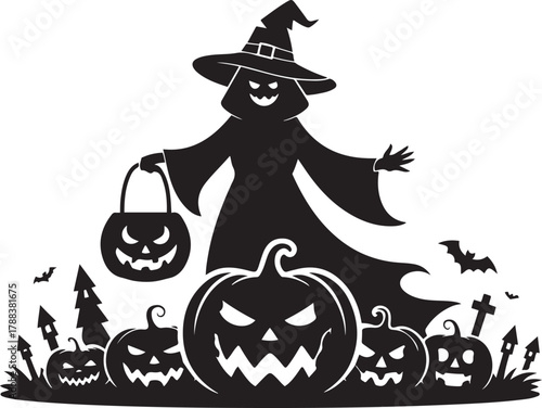 Halloween Pumpkin Witch — spooky jack o’lantern sorceress in hooded cloak with basket. Vector Black silhouettes. with white background