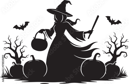 Halloween Pumpkin Witch — spooky jack o’lantern sorceress in hooded cloak with basket. Vector Black silhouettes. with white background