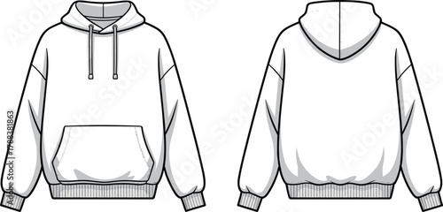 Blank hoodie front and back template showcasing clean minimal fashion design, apparel mockup, garment outline, clothing illustration for designers