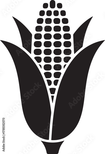 Stylized black and white illustration of a single ear of corn graphic. Vector Black silhouettes. with white background