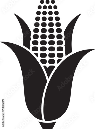 Stylized black and white illustration of a single ear of corn graphic. Vector Black silhouettes. with white background