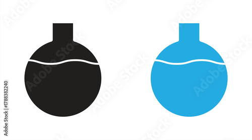 Simple black and white line art icon of a round bottom laboratory flask containing liquid, vector illustration