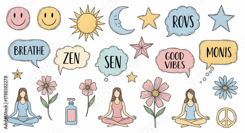 Wellness and mindfulness doodle set with meditation poses, nature symbols, breathing icons, and positive affirmation elements