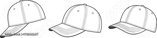 CAD drawing flat vector illustration of baseball cap design, hat sewing pattern, fashion headwear technical sketch, template outline blueprint