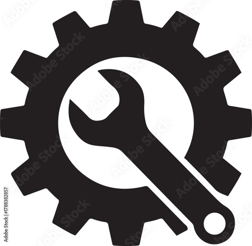 Gear and wrench symbolizing mechanical processes or technical maintenance and configuration management. Vector Black silhouettes. with white background