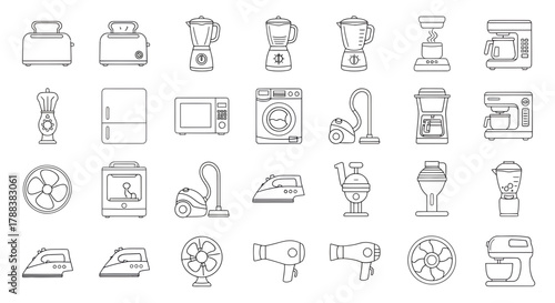 A diverse collection of household appliances showcased in a minimalist line art style