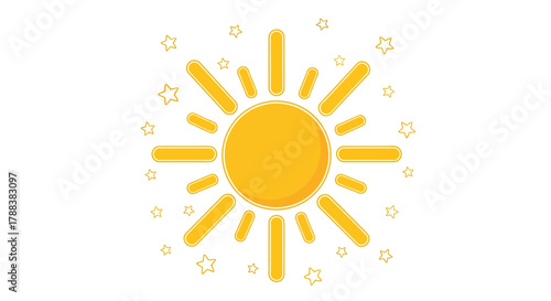 A radiant yellow sun illustration surrounded by whimsical stars on white background