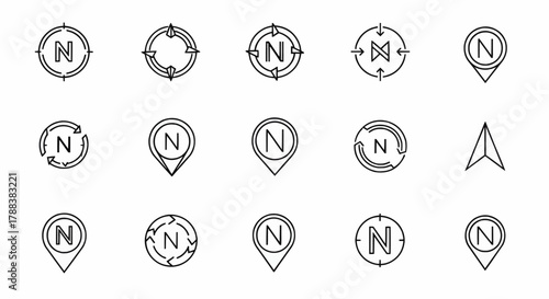 Minimal compass direction icons with clean outline arrows and navigation symbols designed for maps, travel guidance, and location interface elements