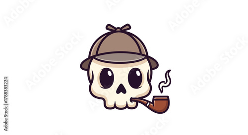 A whimsical cartoon skull wearing a detective hat and smoking a pipe on white backdrop