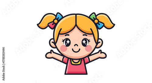 Adorable cartoon girl with pigtails offering a friendly greeting with open arms illustration