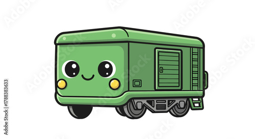 Adorable green train car with a friendly face radiating charm and whimsy for children's media