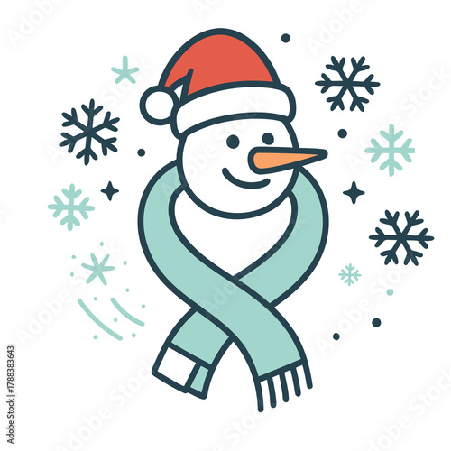 Cute Snowman With Santa Hat, Scarf, and Snowflakes Vector