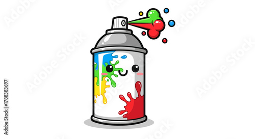 Adorable spray paint can with a kawaii face exudes playful vibrancy on a white backdrop