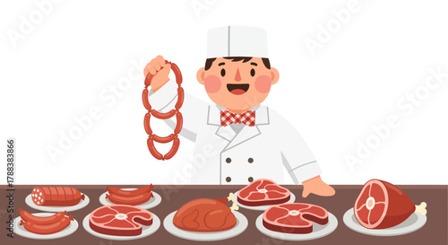 Animated butcher presenting a variety of fresh meats selection in culinary establishment