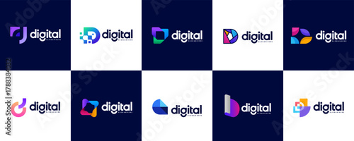 collection of logos with abstract letters, digital education system, smart solutions, graphic design templates.