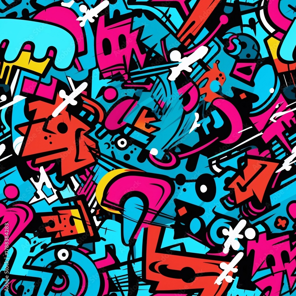 Obraz premium Abstract Graffiti Seamless Pattern, Urban Street Art Pattern, Graffiti Pattern, Graffiti Digital Paper, Modern Spray Paint, Street Style Graffiti, Graffiti Background